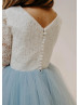 Ivory Lace Dusty Blue Tulle Gorgeous Flower Girl Dress Ivory Lace Dusty Blue Tulle Gorgeous Flower Girl Dress